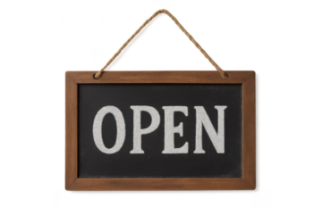 Open Sign Hanging on Transparent Background with Wooden Frame