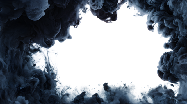 A dramatic frame of swirling dark smoke, forming a mysterious border, isolated on a white background