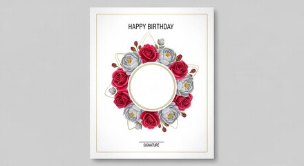 A festive birthday card design featuring roses and a blank center for a personalized message.