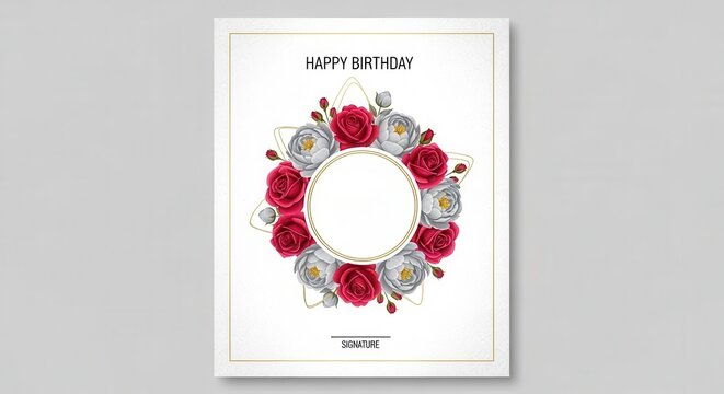 A festive birthday card design featuring roses and a blank center for a personalized message.