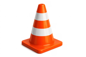 Orange and white traffic cone standing on transparent background