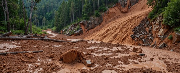 A dramatic landscape featuring a muddy, eroded hillside with a dirt road and scattered logs, surrounded by dense pine trees, highlighting the impact of natural forces on the terrain