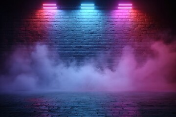 Fototapeta premium Neon lights illuminate a smoky brick wall