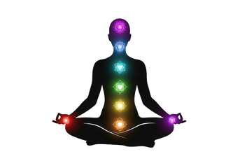 Silhouette of a person meditating in lotus pose with colorful chakras glowing along the spine, isolated on transparent background