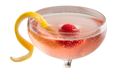 Pink Raspberry Cocktail with Lemon Garnish and Bubbles on Black Background drink beverage