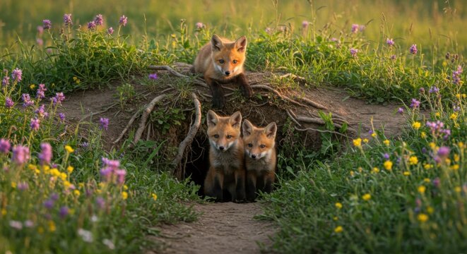 Curious fox cubs exploring around den in fresh spring season