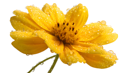 Vibrant yellow flower covered in morning dew, captured in exquisite detail.