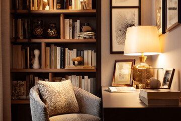 Cozy reading nook with warm lighting, inviting armchair, and curated bookshelf for elegant home decor