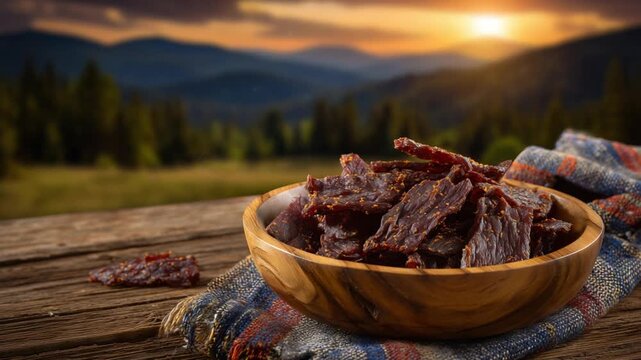 A fiery sunset highlights a rustic wooden bowl filled with spicy beef jerky, ideal for barbecue parties or outdoor events.