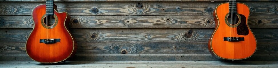 Fototapeta premium Two classical guitars leaning against weathered wood planks, harmony, strings, vintage