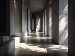 Fototapeta premium Sleek Minimalist Hall: Cement Pillars and Soft Natural Light Shadows