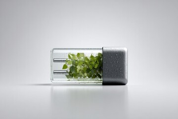 Minimalist design of transparent power plug with green foliage for eco-friendly energy concept
