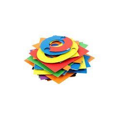 Small, artfully arranged pile of colorful paper scraps, including perfectly round circles and irregular jagged pieces in red, blue, yellow, green, orange, purple, on an immaculate transparent isolated