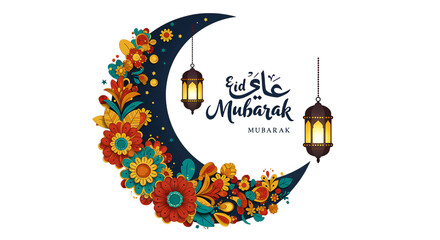 Eid Mubarak Celebration: Crescent Moon, Floral Design, Lantern Illustration