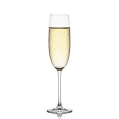 Crystal clear champagne flute, half-full with sparkling golden champagne and effervescent bubbles, against a pristine, seamless, transparent studio background. Concept of luxury beverage