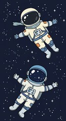 Imaginative scene of peaceful cosmic exploration with two whimsical characters in space.