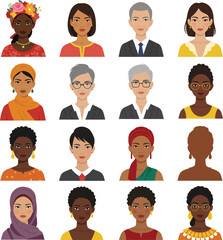 Vector illustration set of diverse female avatars with various cultures and ages. Diverse female avatars flat vector set. Various cultures and ages female avatar vector set.