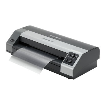 A modern, compact desktop laminator with matte grey and black plastic finish, actively processing a clear laminating sheet mid-feed, on a pristine transparent seamless studio background, captured in