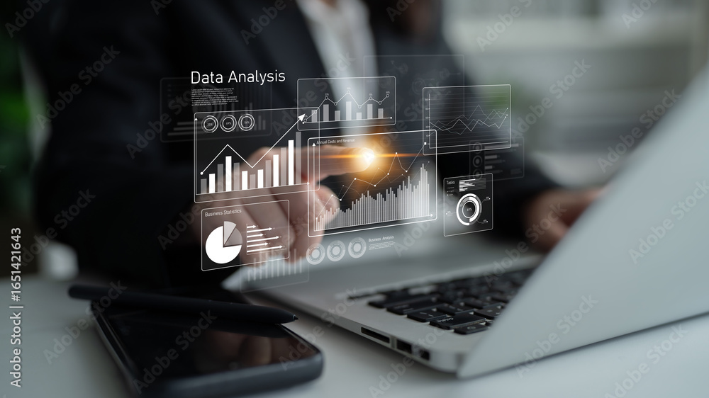 Poster business data analysis dashboard showing charts, statistics, and performance metrics for decision-ma