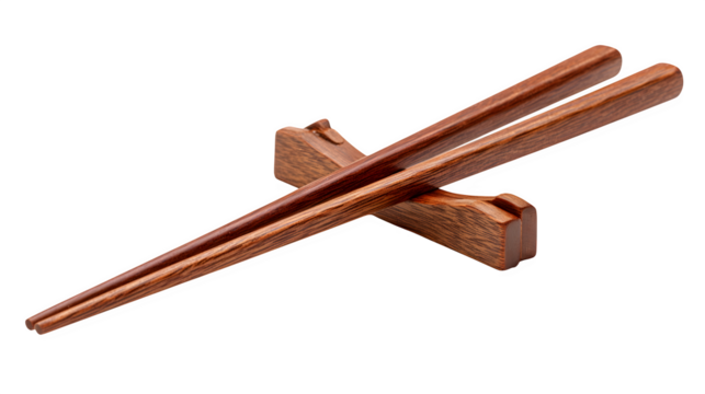 Elegant wooden chopsticks resting on a simple wooden chopstick rest, ready for a meal