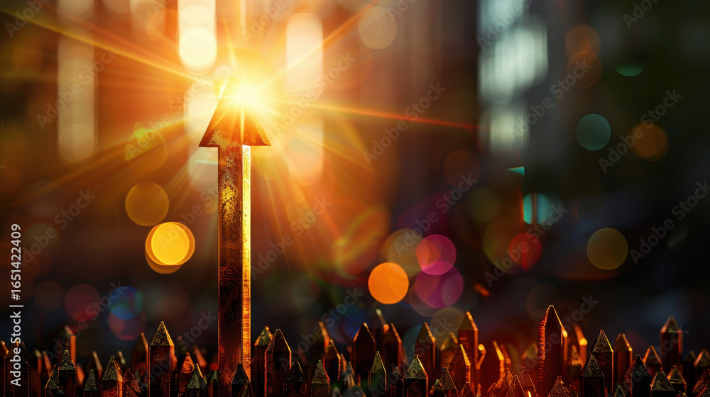 Poster glowing arrow points upward amidst backdrop of shimmering bokeh lights and sharp metallic spikes, cr