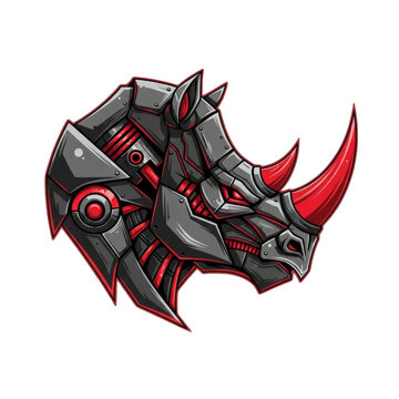 Mechanical rhinoceros head with red accents, isolated on transparent background