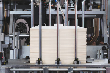 Elements of cardboard boxes are collected in stack. Conveyor line for the production of boxes. Machine cuts cardboard boxes from sheets of cardboard. Enterprise for  production package.