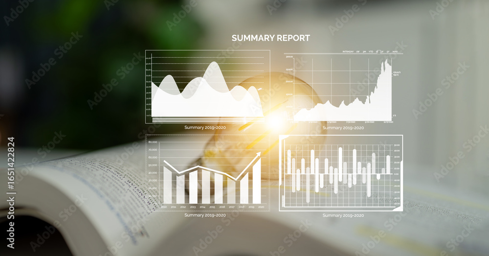 Poster a creative representation of a financial summary report displayed over an open book, featuring data 