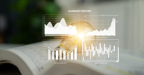 A creative representation of a financial summary report displayed over an open book, featuring data visualizations and charts that enhance business analysis and strategy development. Impute