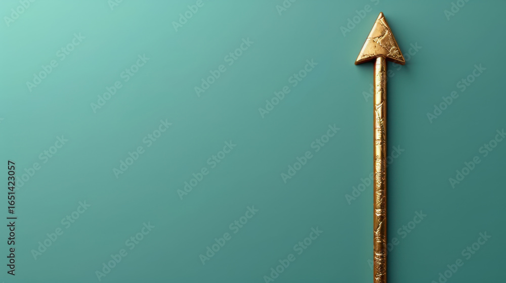Poster golden arrow with intricate designs points upward against solid teal background, symbolizing directi