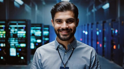 Smiling technician in the data center hallway - Powered by Adobe