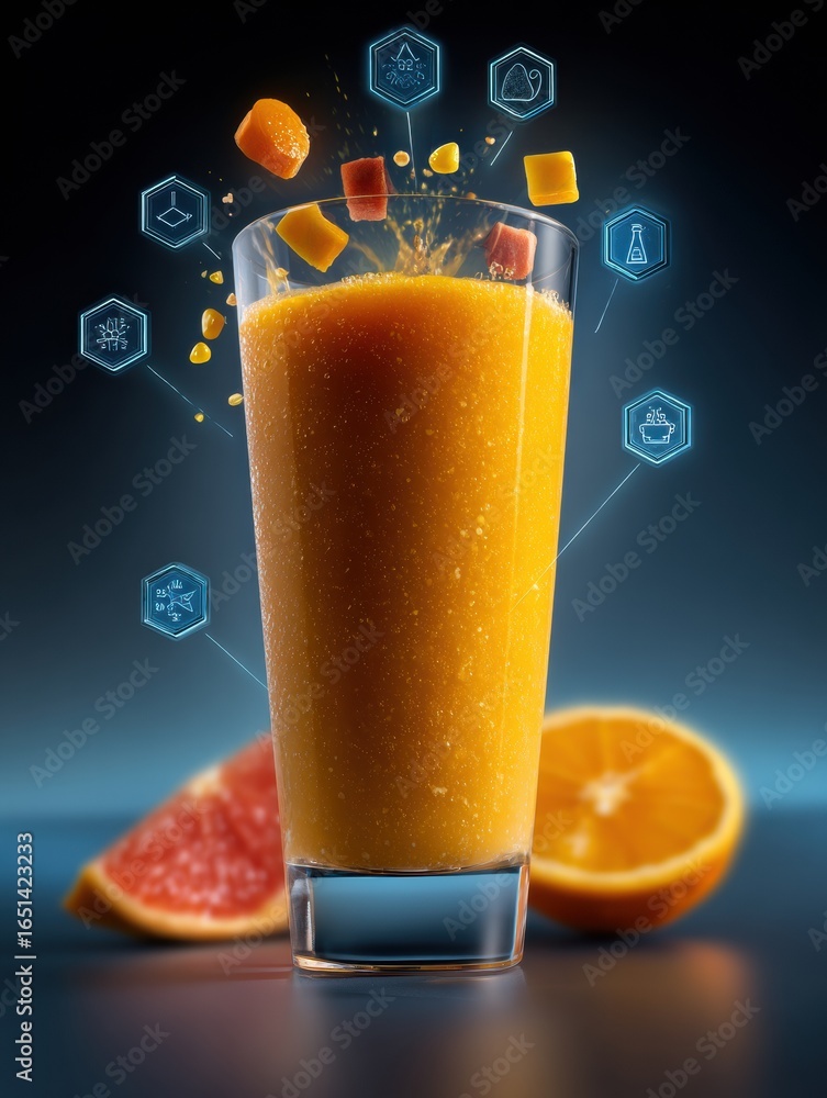 Poster refreshing orange and mango smoothie with visual elements highlighting ingredients and nutrients in 