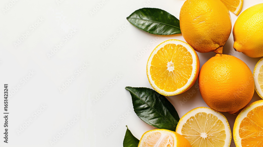 Poster fresh lemons and lemon slices arranged with green leaves create vibrant and refreshing display. brig