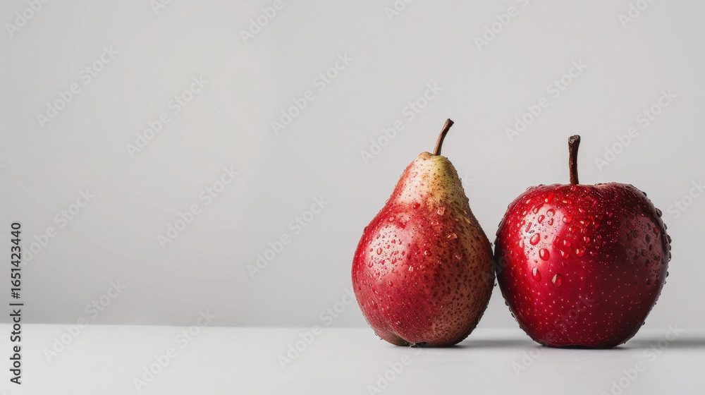 Poster fresh red apple and pear with water droplets on light background, showcasing their vibrant colors an