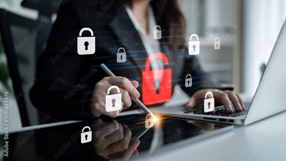 Poster digital security concept illustrating a cybersecurity breach, with a red unlocked padlock indicating