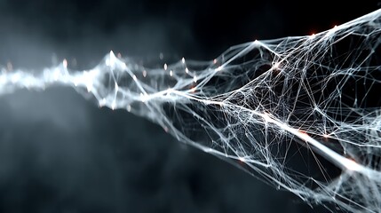 a web of white lines stretches across a blurred background, resembling a three dimensional network. the lines intersect at various points, some of which emit a soft, orange glow