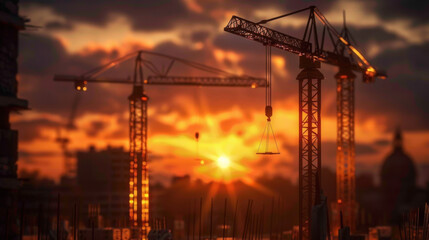 Naklejka premium Construction site cranes sunset urban landscape silhouette building machinery industrial architecture skyline city labor work infrastructure development orange clouds evening horizon metal