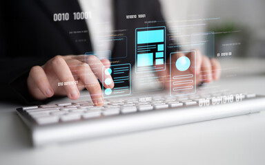 UI UX mockup showing application layout, structure, and code interface. UI design defines user...