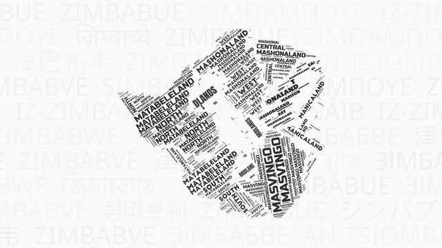 Zimbabwe intro animation. Country with regions illustration video. Background with country names in various languages. Regions of Zimbabwe animation. Trending video.