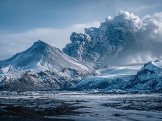 Stark Icelandic Volcano with Swirling Smoke Against Pristine Glacial Ice and Rugged Lava Fields
