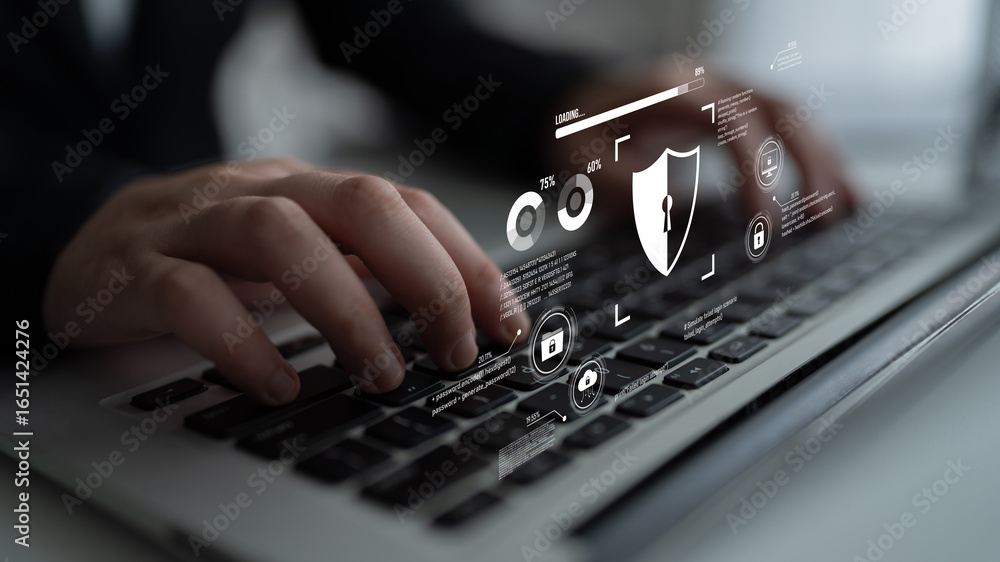 Aufkleber cyber security protects against breaches, hacks, and network attacks using strong infrastructure and