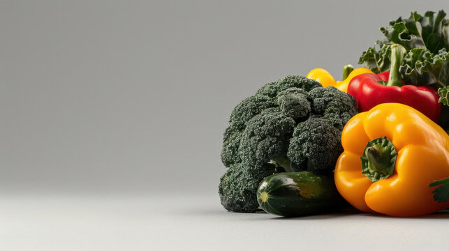 Fresh vegetables including broccoli, yellow bell pepper, red bell pepper, zucchini, and leafy greens arranged on neutral background, showcasing vibrant colors and healthy options - Powered by Adobe