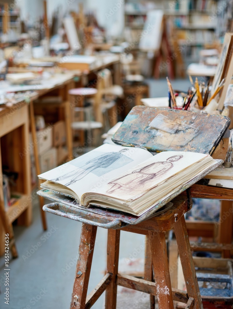 Poster art studio with open sketchbook displaying figure drawing on easel during creative session in inviti