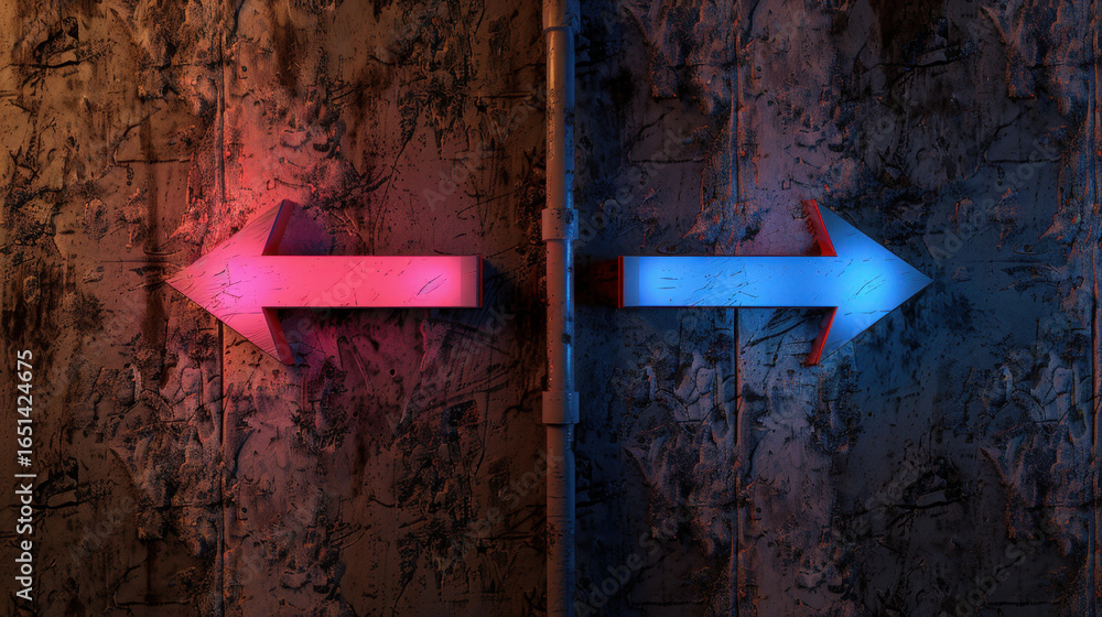 Aufkleber vibrant image featuring two directional arrows illuminated in contrasting colors, one red and one bl