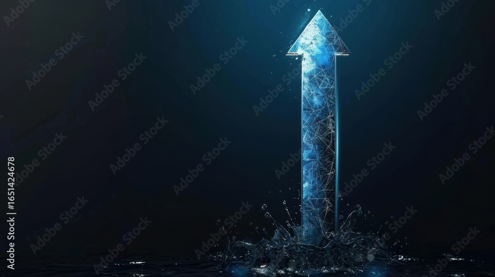 Poster digital arrow symbolizing growth and progress emerges from water, surrounded by dark background. arr