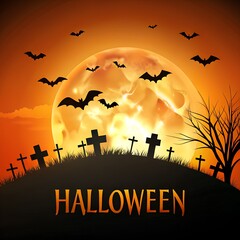 Halloween graveyard scene with flying bats and tombstones under a glowing full moon with orange sky