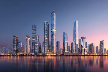 Fototapeta premium Stunning modern city skyline at dusk reflecting in calm water, vibrant colors and elegant architecture