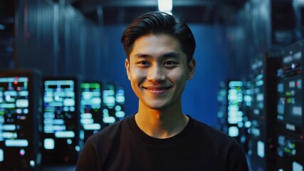 A smiling Asian man stands confidently in a data center. His expression is one of assurance and expertise. The background includes server racks. - Powered by Adobe