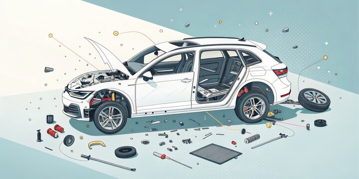 Exploded View SUV Disassembled Illustration, Car Parts, Engineering Design, Automotive Car repair, exploded diagram