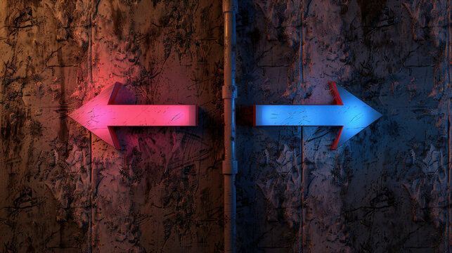 Vibrant image featuring two directional arrows illuminated in contrasting colors, one red and one blue, against textured wall. arrows symbolize choices or paths, creating visually striking effect